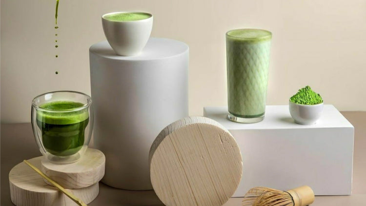 A display of straight matcha, matcha latte and matcha powder