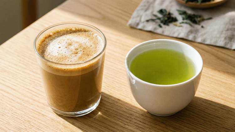 A Houjicha latte in a clear glass beside a white cup containing sencha tea in water