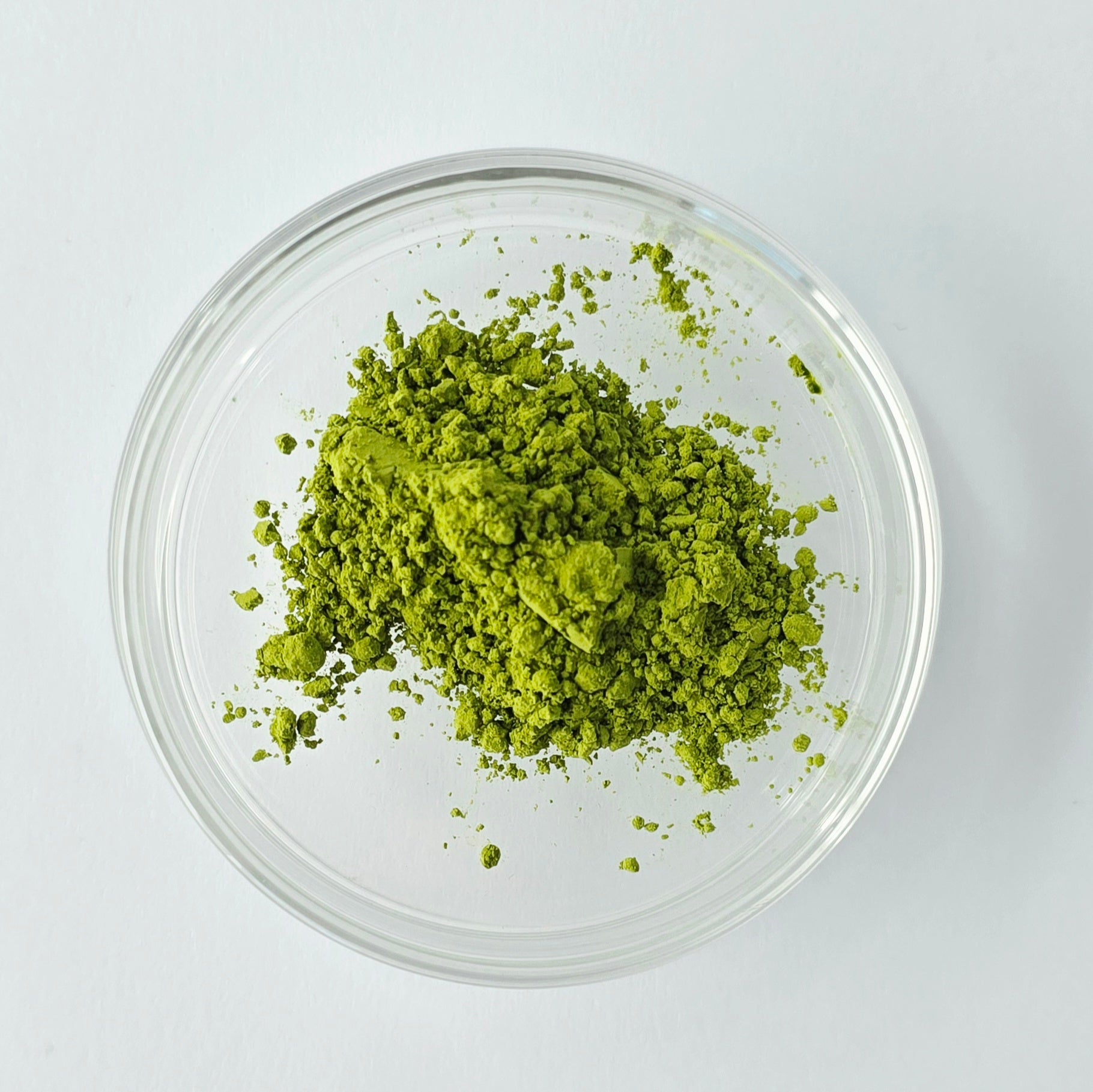 Wabi Matcha Daily Matcha powder from Kagoshima in a glass dish against a white background