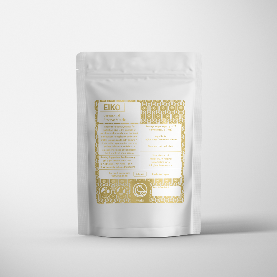 Back of Eiko matcha pouch with ceremonial matcha details and brewing instructions