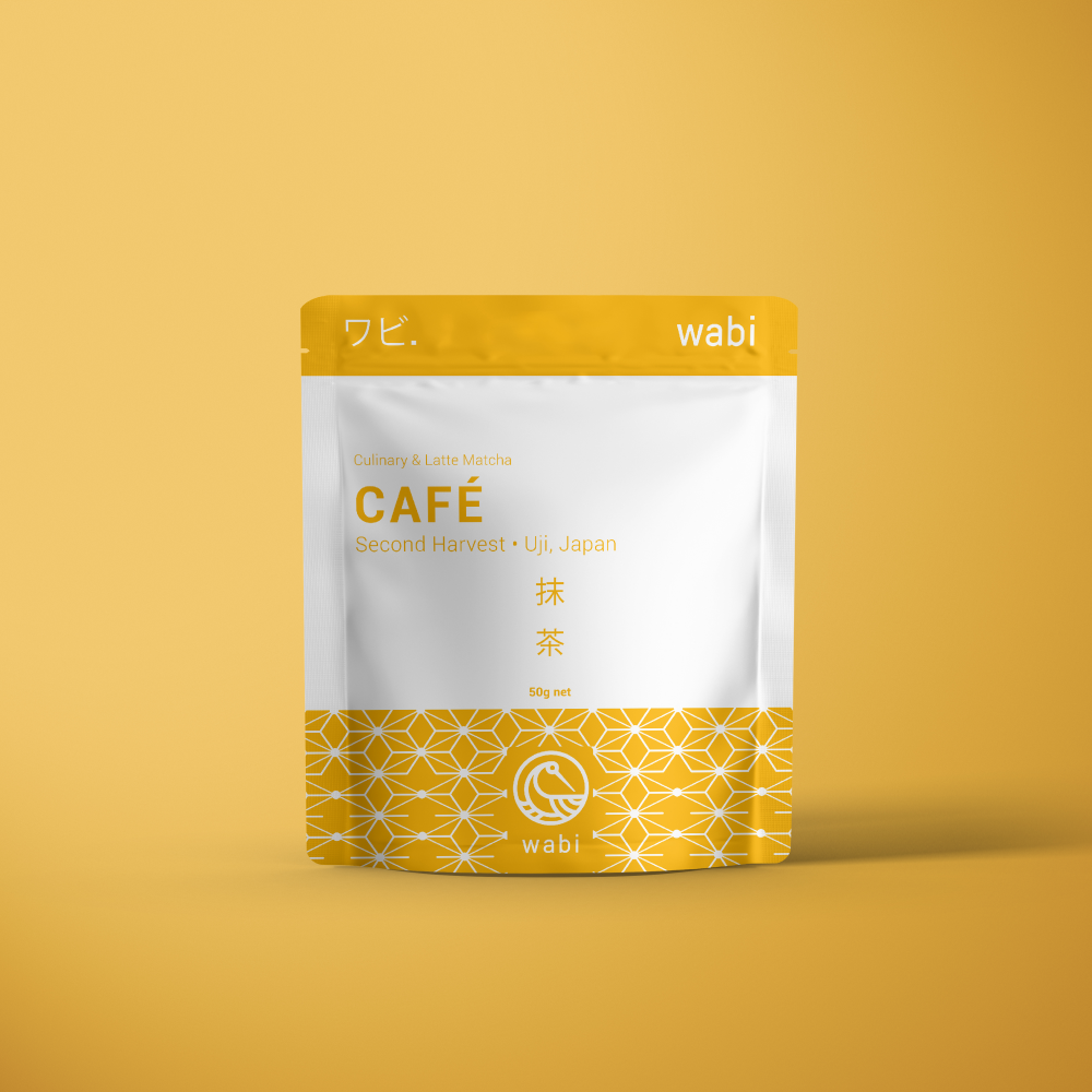Wabi Cafe Mixing Matcha 50g Pouch on a yellow background
