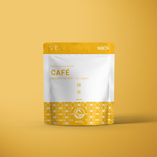 Wabi Cafe Mixing Matcha 50g Pouch on a yellow background