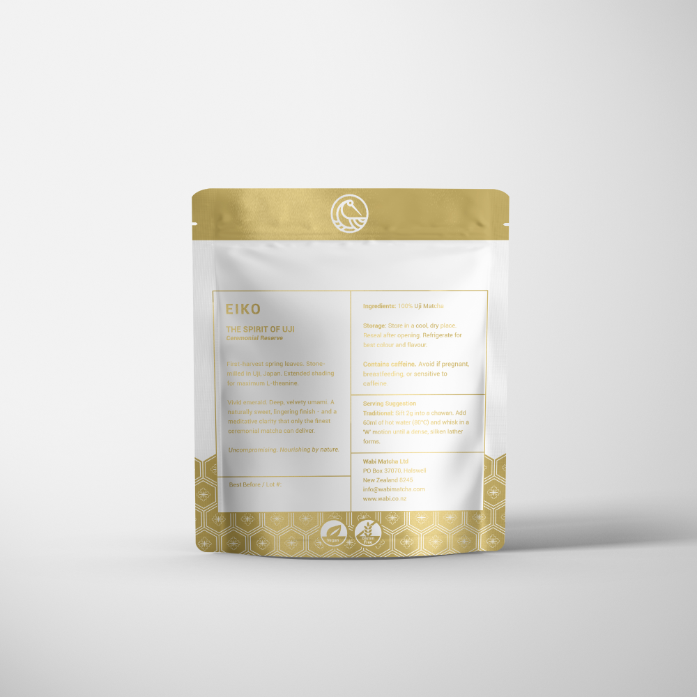 Wabi Eiko Ceremonial Matcha back of Pouch on White Background 