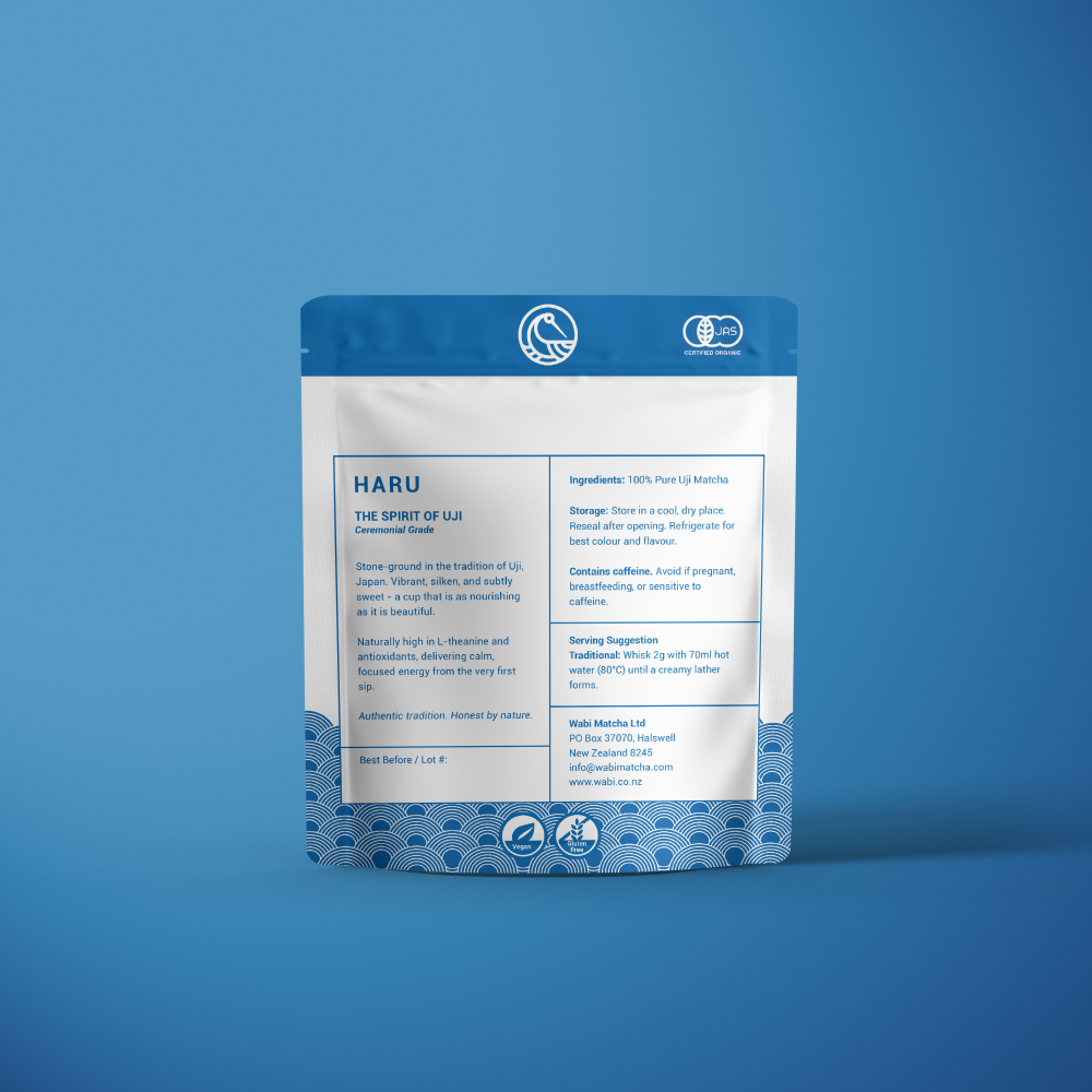 Wabi Haru Organic Ceremonial Grade Matcha Pouch on blue background