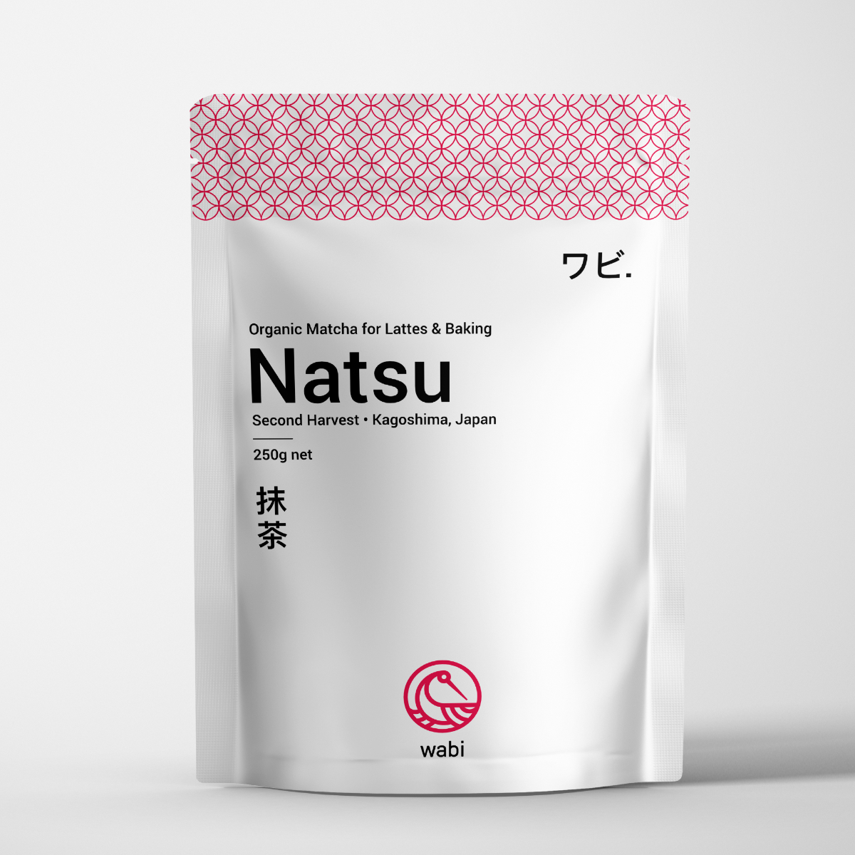 Wabi Matcha 250g Pouch of Natsu Second Harvest Kagoshima Matcha for Lattes and Baking standing against a white background.