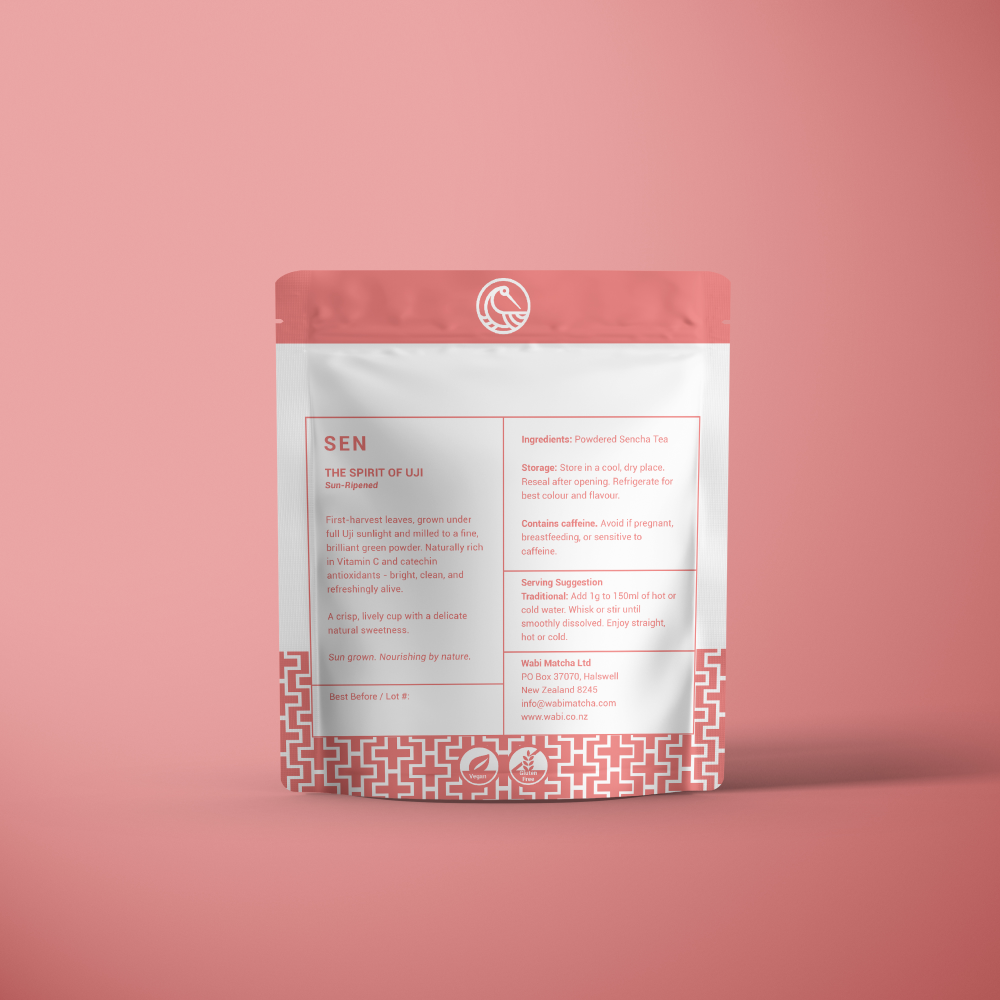 Sen Powdered Sencha Tea 50g on a pink background - Ingredients and information