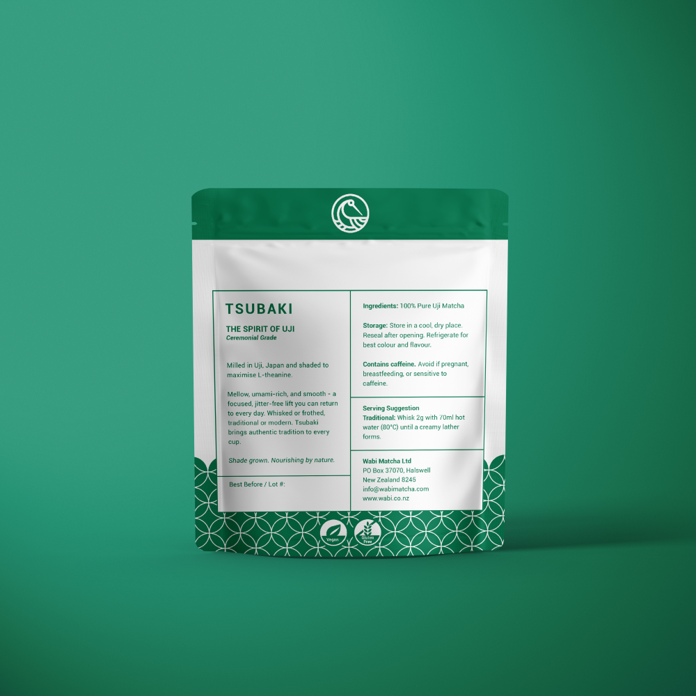 Tsubaki Ceremonial Matcha 50g – Ingredients and Product Details on a green background