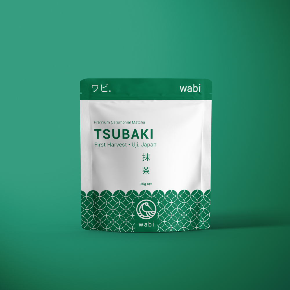 Tsubaki Ceremonial Matcha 50g – Premium Japanese Matcha Powder in NZ on a green background